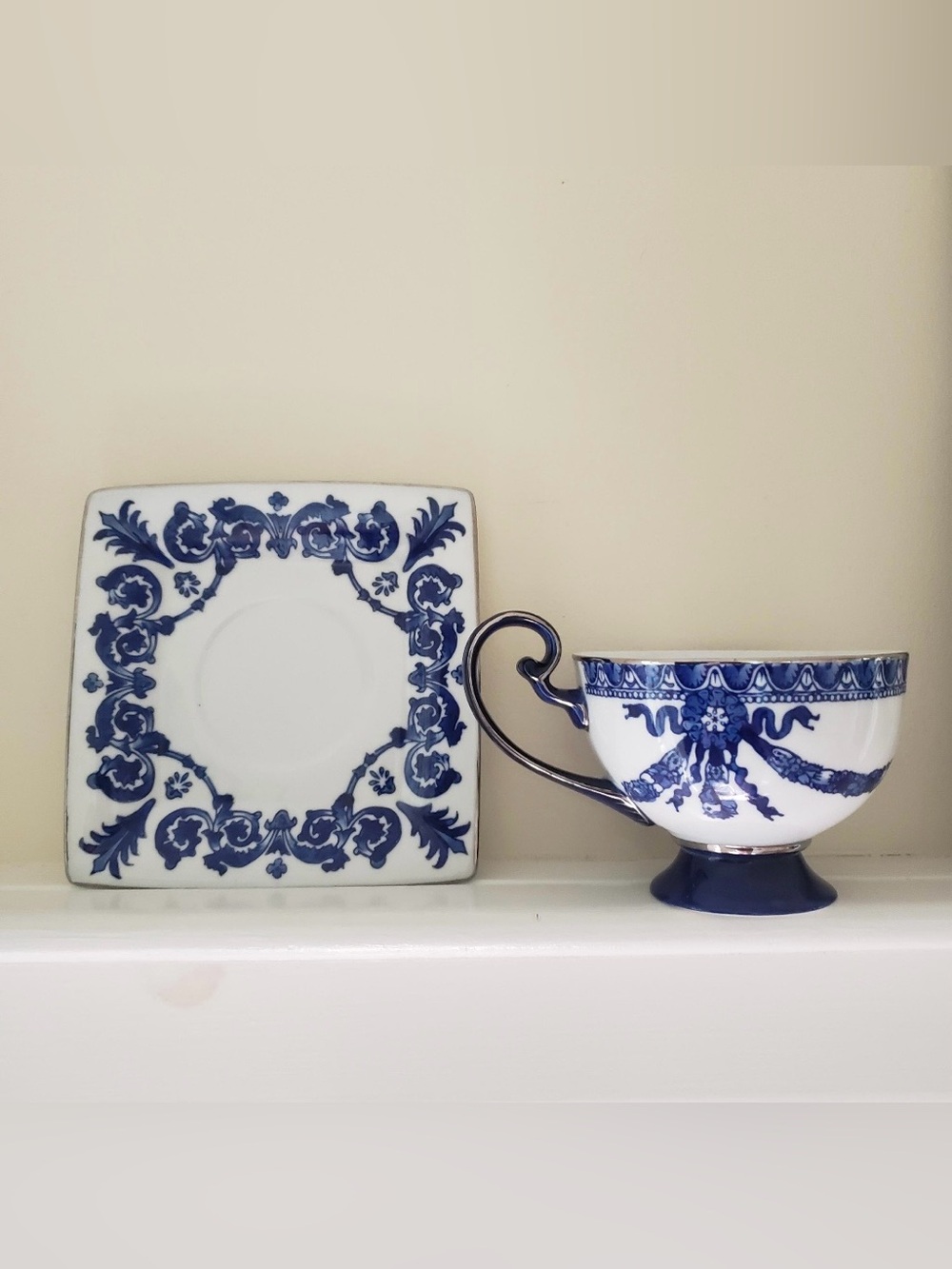 Vintage Bombay Blue and White Teacup and Saucer Set - Classic Floral Pattern